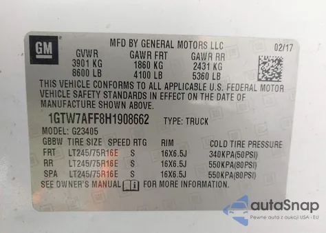 2017 GMC Savana 2500 Work Van z USA, uszkodzony, nr VIN 1GTW7AFF8H1908662